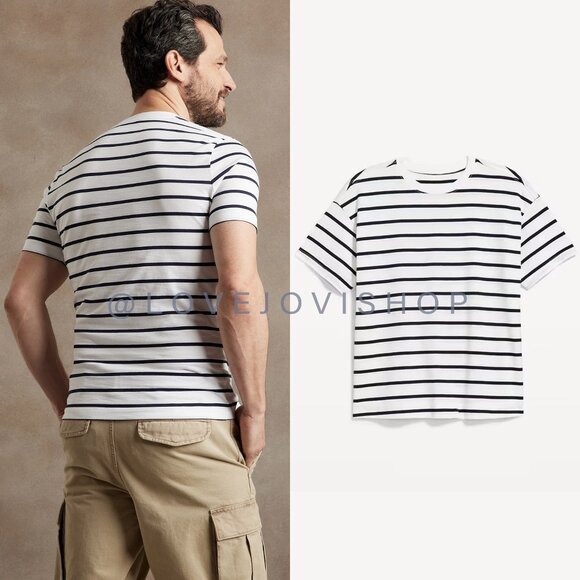 Mens | Banana Republic White Navy Horizontal Striped Tee Shirt | Clean Preppy XL - Picture 1 of 10